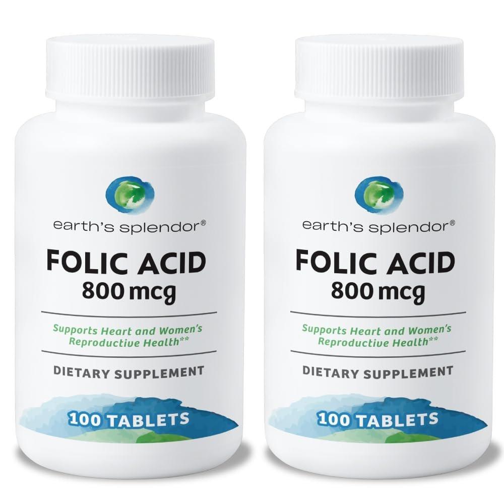 Earth's Splendor Folic Acid 800 mcg Supplement, Supports Heart Health, Supports Women's Reproductive Health, Smooth Coated Tablets (800 mcg, 200 Tablets, Pack of 2) - görsel 1