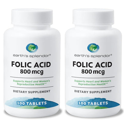 Earth's Splendor Folic Acid 800 mcg Supplement, Supports Heart Health, Supports Women's Reproductive Health, Smooth Coated Tablets (800 mcg, 200 Tablets, Pack of 2)