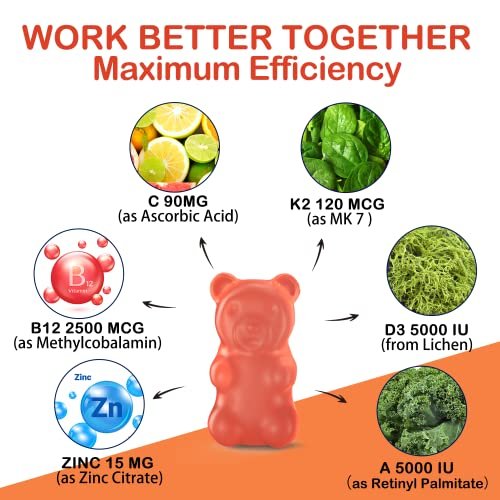 Methylated Multivitamin Women Men, Vitamin D3 K2 5000IU / 10,000IU, B12 5000 mcg 2500mcg, K2 (MK-7) 240mcg- ADK+Methyl Vitamin B12, Vegan D3,Vitamin A,C,Zinc Eye,Bone,Energy,Immune, Sugar-Free Gummies - görsel 9