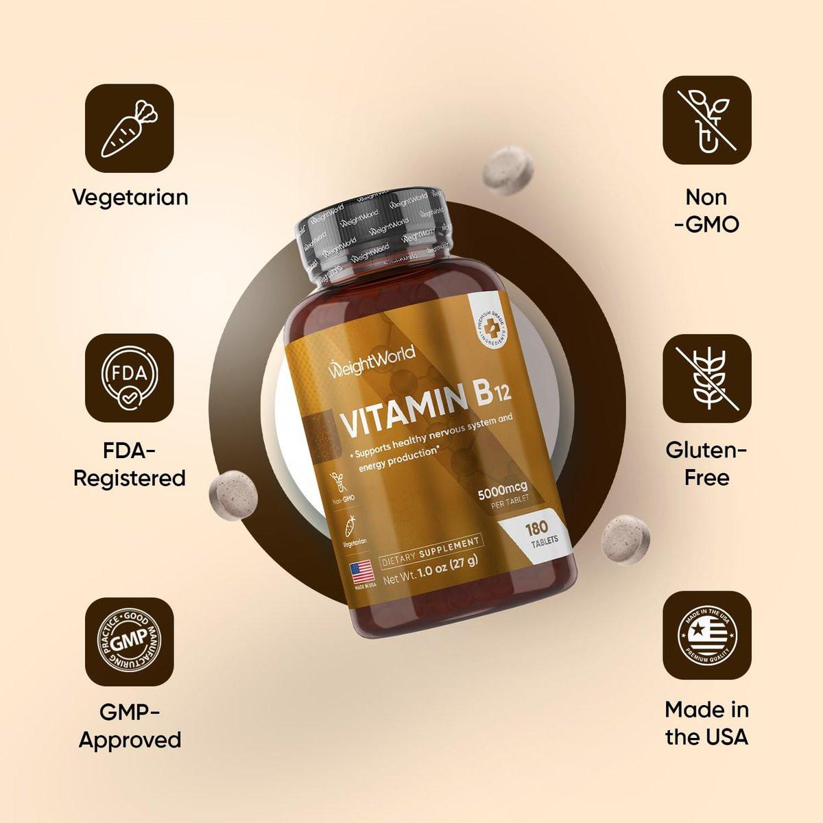 WeightWorld B12 Vitamin 5000mcg | 6-Month Supply | B12 Methylcobalamin for Healthy Nervous System & Energy Production (180 Tablets) | Vegetarian B12 Vitamins for Women & Men, Non-GMO, 1-a-Day - görsel 2