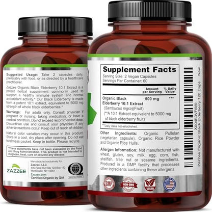 Zazzee USDA Organic Black Elderberry 10:1 Extract, 120 Vegan Capsules, 2 Month Supply, Sambucus Nigra, Antioxidant & Immune Support, Concentrated 10X Extract, All-Natural, Non-GMO, Made in the USA