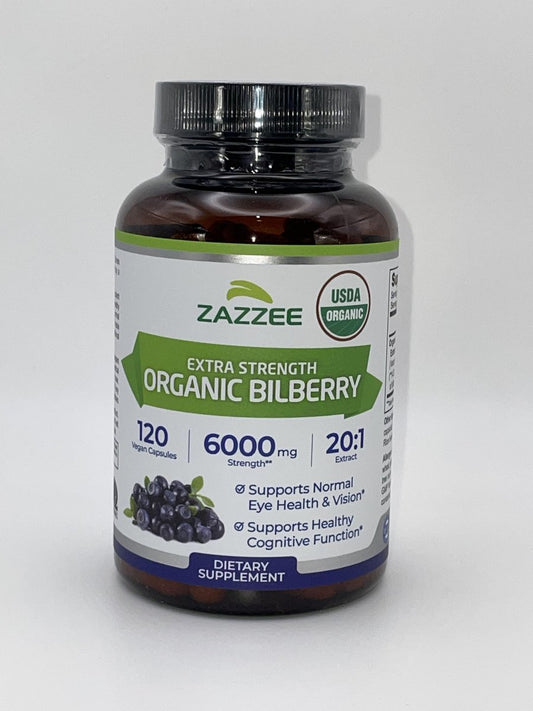 Zazzee USDA Organic Bilberry 20:1 Extract, 120 Vegan Capsules, 4 Month Supply, Vaccinium Myrtillus, Eye Health, Vision & Antioxidant Support, All-Natural, Non-GMO, Made in the USA