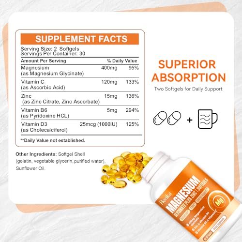 Magnesium Glycinate Supplement Softgels, Magnesium Glycinate 400mg with Zinc, Vitamin B6, C, D3, Pure Magnesium for Sleep, Calm, Muscle, Energy, Heart Support - 60 Vegan Capsules for Women & Men - görsel 12