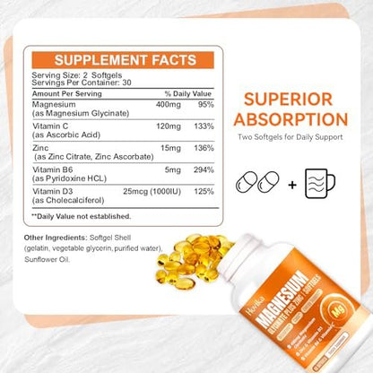 Magnesium Glycinate Supplement Softgels, Magnesium Glycinate 400mg with Zinc, Vitamin B6, C, D3, Pure Magnesium for Sleep, Calm, Muscle, Energy, Heart Support - 60 Vegan Capsules for Women & Men