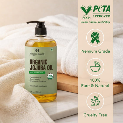 Botanic Hearth USDA Organic Jojoba Oil 8 Fl Oz | 100% Pure and Natural - Cold Pressed & Hexane Free Natural Hair Growth Oil for Eyelashes, Eyebrows, Skin, Body, Face, Nails & Scalp