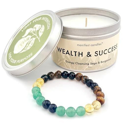 Manifest Sage & Bergamot Money Candle, 45 Hour Burn, Manifestation Bracelet, Protection Candle for Negative Energy, Abundance Candles, Intention Spiritual Candles for Positive Energy