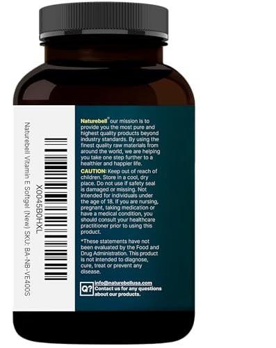 NatureBell Vitamin E Oil Softgels, 400iu Per Serving, 400 Pills | Essential Antioxidant Supplements, Easily Absorbed Form – Supports Skin, Heart, & Immune Health – Non-GMO