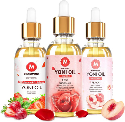 3 Pack Yoni Oil Organic Feminine Oil for Women pH Balance - Feminine Deodorant - Vaginal Moisturizer - Eliminates Odor with Natural Peach Rose Strawberry Essential Oil, 1 fl oz/pc