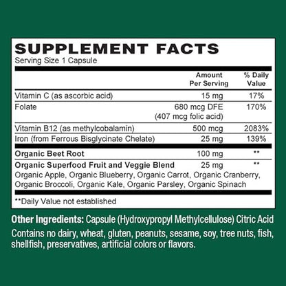 PlantFusion Vegan Iron Supplement for Women & Men - Gentle Plant-Based Iron with Vitamin C, Methyl B12, Folate - Non-Constipating, Wholefood Iron Pills for Energy, Anemia & Blood Support, 60 Capsules