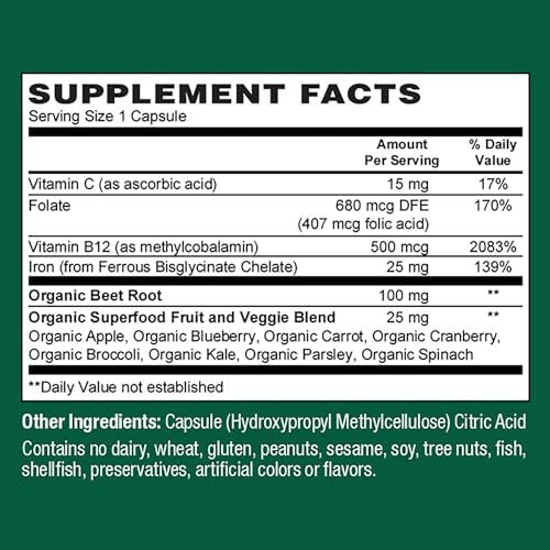 PlantFusion Vegan Iron Supplement for Women & Men - Gentle Plant-Based Iron with Vitamin C, Methyl B12, Folate - Non-Constipating, Wholefood Iron Pills for Energy, Anemia & Blood Support, 60 Capsules - görsel 3