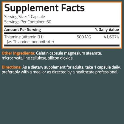 Bronson Vitamin B1 Extra Strength 500 MG High Potency Non-GMO, 120 Capsules