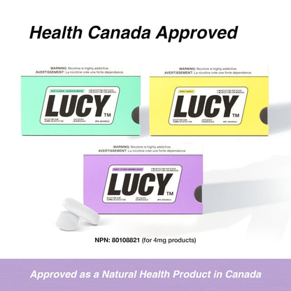 Lucy Nicotine Gum 4mg, 30 Count [Sample Pack] - Discreet, Take On-The-Go | Contains Berry Citrus, Mango, Mint Flavors