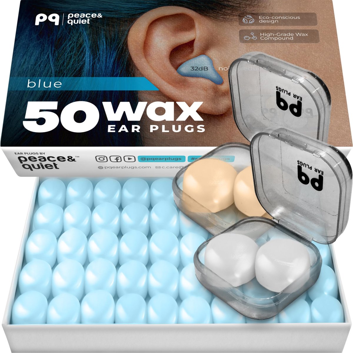 Peace&Quiet PQ Wax Ear Plugs for Sleeping, Swimming - 54 Noise Cancelling Silicone Gel Wax Earplugs, Ear Protection for Sleep and Swim, Soft Pillows with Sound Blocking Level 32Db, (54 Pillows) - görsel 11