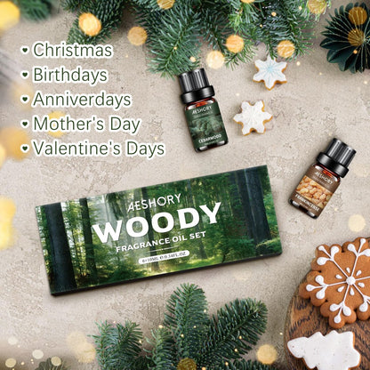 Woody Essential Oils Set - 6x10ML Woody Scents Fragrance Oil for Candle Making, Diffuser - Teakwood, Sandalwood, Cedarwood, Cypress, Forest Pine, Frankincense Aromatherapy Oils