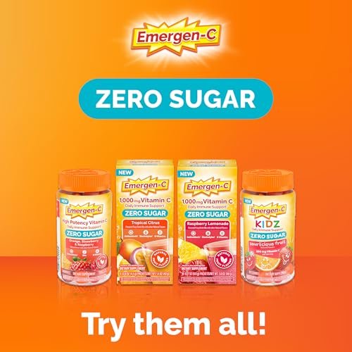 Emergen-C Zero Sugar 1000 mg Vitamin C Powder for Daily Immune Support Caffeine Free Vitamin C Supplements with Zinc and Manganese, B Vitamins and Electrolytes, Raspberry Lemonade Flavor - 36 Count - görsel 1