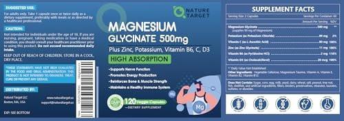 NATURE TARGET Magnesium Glycinate 500mg, Chelated Magnesium with Zinc & Vitamin D3 for Muscle, Nerve & Bone, Support Heart Health & Leg Cramp, Strength Immune System - 120 Capsules - görsel 1