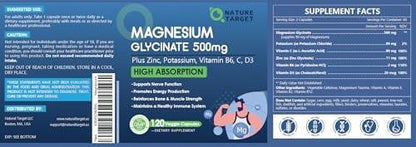 NATURE TARGET Magnesium Glycinate 500mg, Chelated Magnesium with Zinc & Vitamin D3 for Muscle, Nerve & Bone, Support Heart Health & Leg Cramp, Strength Immune System - 120 Capsules