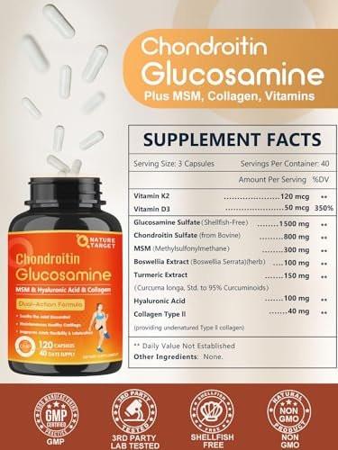 NATURE TARGET Glucosamine Chondroitin - Joint Supplement for Women & Men, Plus MSM, Collagen, Shellfish Free, 120 Counts - görsel 8