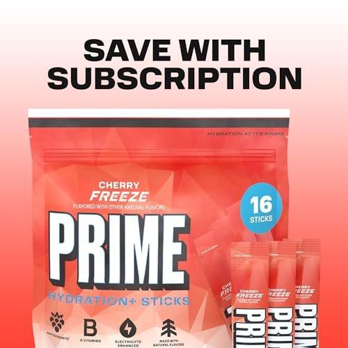 PRIME HYDRATION+ Electrolyte Powder Sticks, Cherry Freeze, Sugar Free Hydration Drink Mix with Potassium, Magnesium & B Vitamins to Replenish Fluids, Caffeine Free, 16 Count - görsel 3