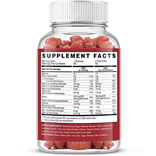 Vegan Iron Gummies Supplement - with Vitamin C, A, B-Complex, Folate, Zinc for Adults & Kids - Health Blood & Energy Support for Iron Deficiency, Anemia, No After Taste - Peach Flavor (90 Ct) - görsel 15