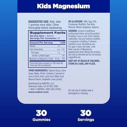 Natrol Kids Magnesium Citrate Gummies, Gently Calm and Relax Little Minds and Bodies, Plus Support Healthy Muscle Relaxation and Function, 30 Razzilicious Gummies, Up to a 30 Day Supply