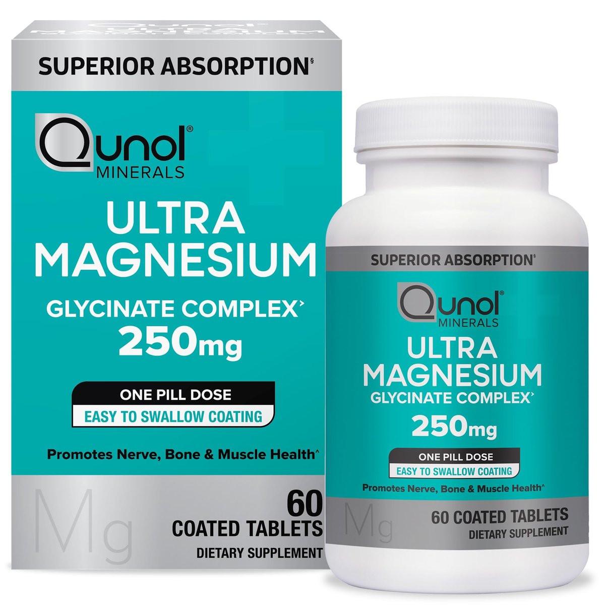 Qunol Magnesium Glycinate Complex, Gentle on Stomach, 250mg One Pill Dose, Superior-Absorption Magnesium, Nerve, Bone and Muscle Health Supplement, 60 Count (Pack of 1) - görsel 1