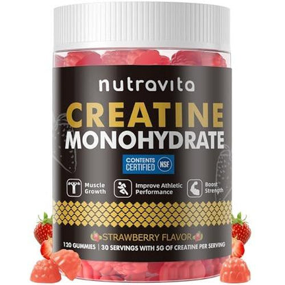 Nutravita NSF Certified Creatine Gummy - Creatine Monohydrate Gummies for Men & Women - 5g of Creatine Monohydrate per Serving - Sugar Free, Vegan, Strawberry Flavor, 120 Count