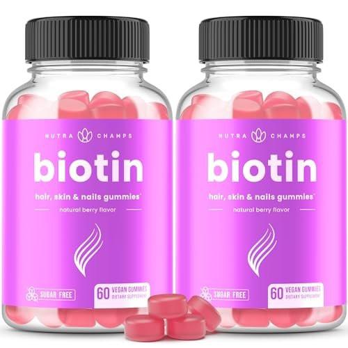 NutraChamps Sugar Free Biotin Gummies 10000mcg [High Potency] - Healthy Hair, Skin & Nails for Women, Men & Kids - 5000mcg in Each Gummy - Vegan, Non-GMO, Hair Health Vitamins Supplement - Raspberry - görsel 4