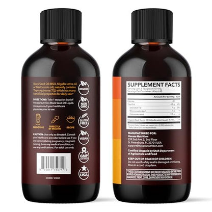 Organic Black Seed Oil Cold Pressed Liquid - Black Cumin Supplement for Immune System Function, Digestive Support, Hair Nourishment & Overall Health - 8 Fl Oz - Unflavored, Non-GMO, Vegan