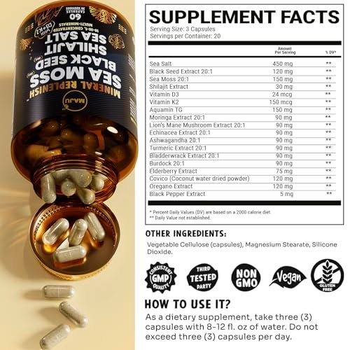 Maju Superfoods 18-in-1 Sea Moss, Black Seed, Shilajit, Sea Salt + D3 & K2, Concentrated Extracts, Trace Multi Mineral Capsules, for Men & Women Mineral Electrolytes Supplements - görsel 3