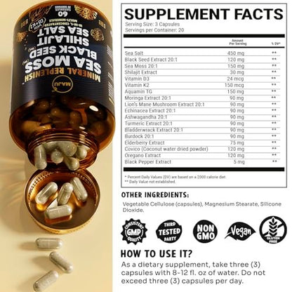 Maju Superfoods 18-in-1 Sea Moss, Black Seed, Shilajit, Sea Salt + D3 & K2, Concentrated Extracts, Trace Multi Mineral Capsules, for Men & Women Mineral Electrolytes Supplements