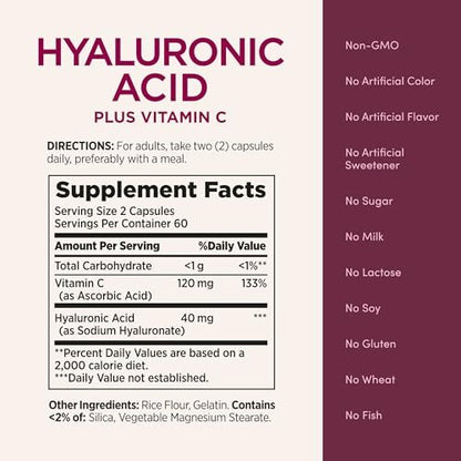 Nature's Bounty Vitamin C and Hyaluronic Acid Supplement, Supports Glowing Skin, Immune Function & Collagen Production, 120 Capsules - 60 Day Supply, Optimal Solutions Supplements for Skin Health