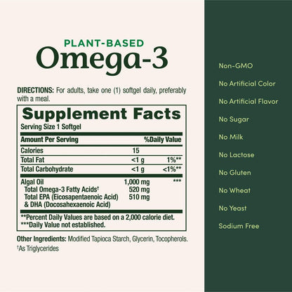 Nature's Bounty Omega 3, Plant-Based Omega 3 Fatty Acid Supplement, 520mg, Supports Whole Body Health Including Heart, Skin, Joint, 30 Vegetarian Softgels, Fish Oil Alternative