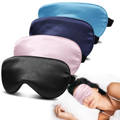 JroyJoy 4 Pack Super Soft Silk Sleep Mask - 100% Blackout, Zero Eye Pressure, Blindfold with Adjustable Strap, Travel Eye Covers (Black&Pink&Blue&Light Blue) - görsel 2
