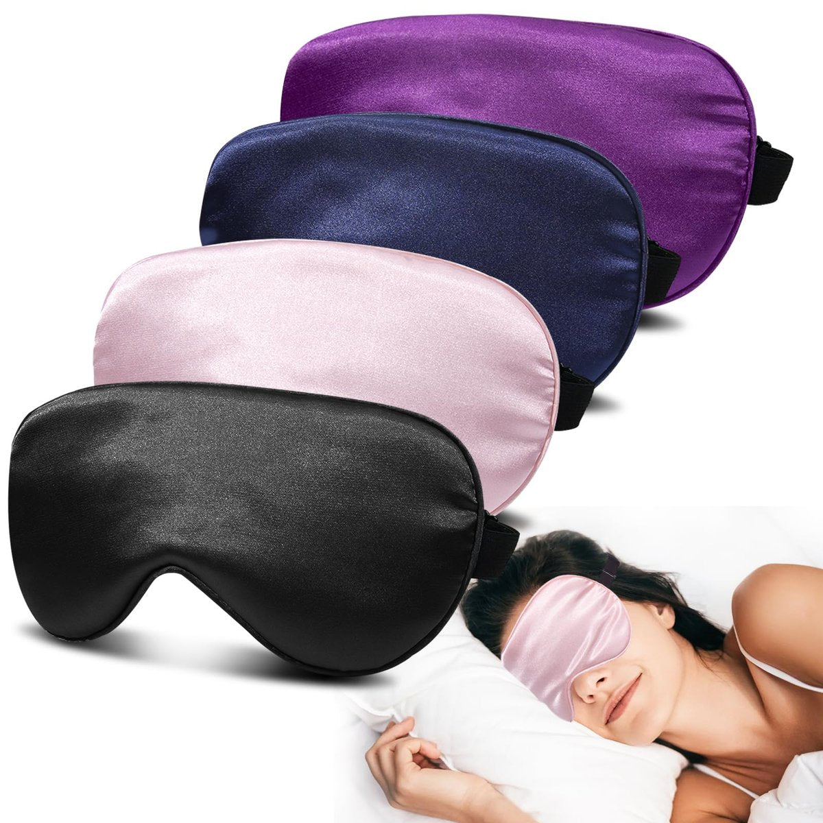 JroyJoy 4 Pack Silk Sleep Mask - 100% Blackout, Zero Eye Pressure, Blindfold with Adjustable Strap, Super Soft Travel Eye Covers (Black, Pink, Blue, Purple) - görsel 2