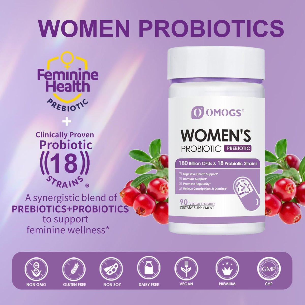 OMOGS Women's Probiotic 180 Billion CFUs 18 Strains, with Organic Prebiotics, Cranberry Extract, D-Mannose & Digestive Enzymes, for Digestive, Boost Immune, PH Balance & Urethral Health, 90 Capsules - görsel 9