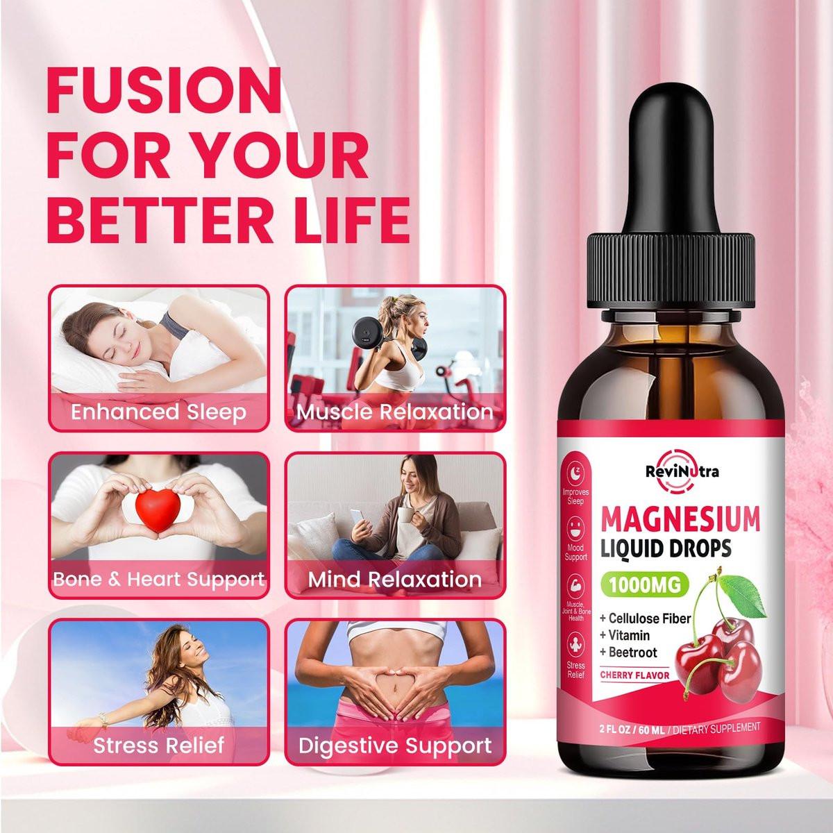 Magnesium Glycinate Liquid Drops, 1000mg Magnesium Glycinate, Citrate & Taurate with Fiber, Beetroot, Vitamin B & C for Sleep, Calm, Muscle, Energy & Relaxation, 2 Fl Oz, Sugar-Free Cherry Flavor - görsel 5