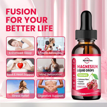 Magnesium Glycinate Liquid Drops, 1000mg Magnesium Glycinate, Citrate & Taurate with Fiber, Beetroot, Vitamin B & C for Sleep, Calm, Muscle, Energy & Relaxation, 2 Fl Oz, Sugar-Free Cherry Flavor