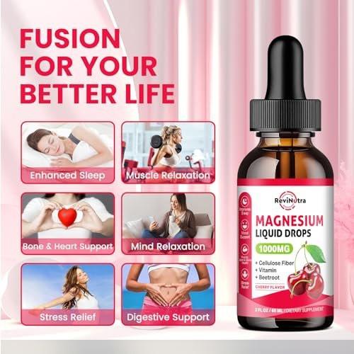 Magnesium Glycinate Liquid Drops, 1000mg Magnesium Glycinate, Citrate & Taurate with Fiber, Beetroot, Vitamin B & C for Sleep, Calm, Muscle, Energy & Relaxation, 2 Fl Oz, Sugar-Free Cherry Flavor - görsel 6