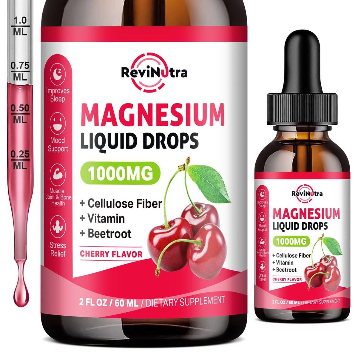 Magnesium Glycinate Liquid Drops, 1000mg Magnesium Glycinate, Citrate & Taurate with Fiber, Beetroot, Vitamin B & C for Sleep, Calm, Muscle, Energy & Relaxation, 2 Fl Oz, Sugar-Free Cherry Flavor - görsel 1