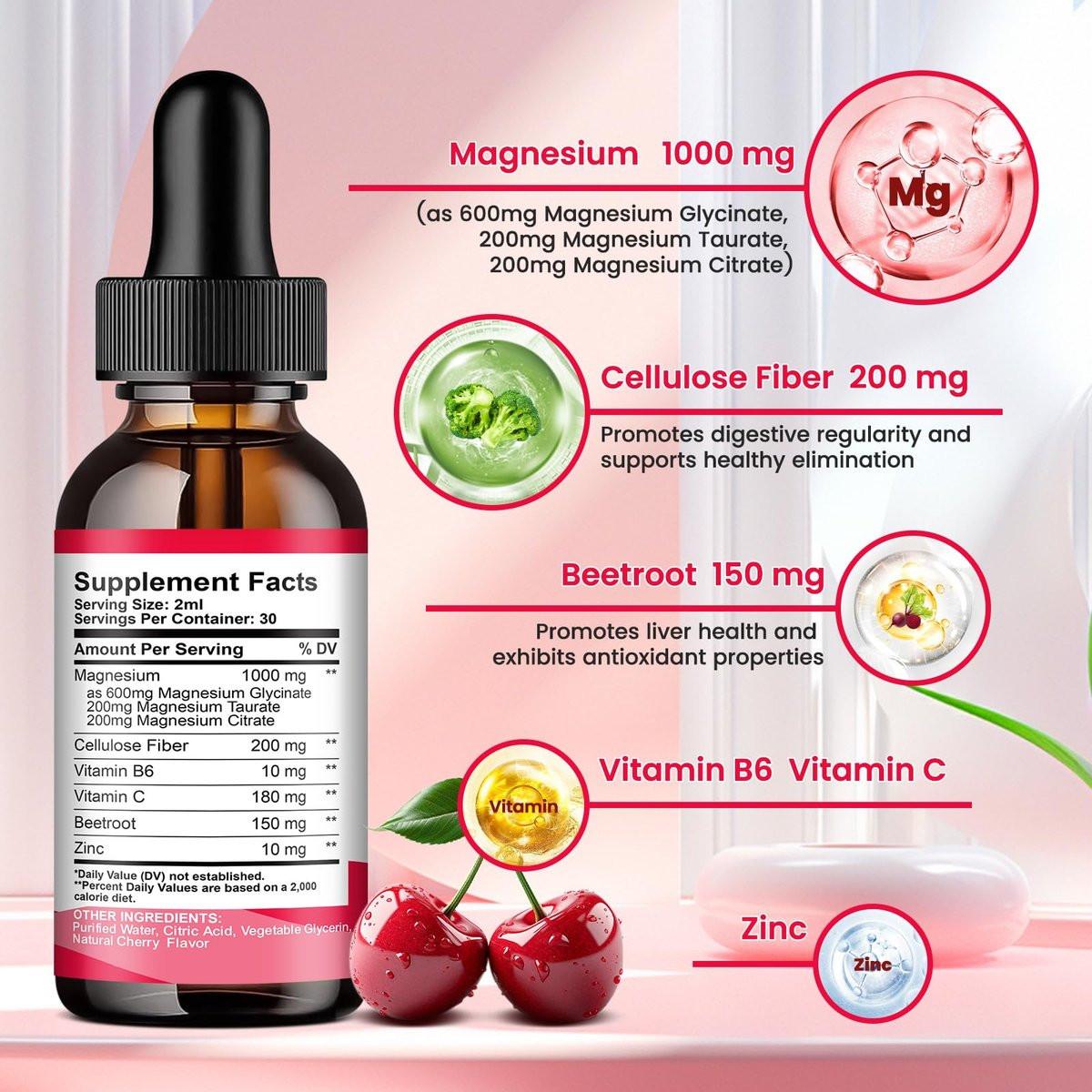 Magnesium Glycinate Liquid Drops, 1000mg Magnesium Glycinate, Citrate & Taurate with Fiber, Beetroot, Vitamin B & C for Sleep, Calm, Muscle, Energy & Relaxation, 2 Fl Oz, Sugar-Free Cherry Flavor - görsel 3