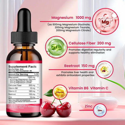 Magnesium Glycinate Liquid Drops, 1000mg Magnesium Glycinate, Citrate & Taurate with Fiber, Beetroot, Vitamin B & C for Sleep, Calm, Muscle, Energy & Relaxation, 2 Fl Oz, Sugar-Free Cherry Flavor
