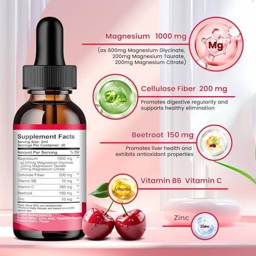 Magnesium Glycinate Liquid Drops, 1000mg Magnesium Glycinate, Citrate & Taurate with Fiber, Beetroot, Vitamin B & C for Sleep, Calm, Muscle, Energy & Relaxation, 2 Fl Oz, Sugar-Free Cherry Flavor - görsel 4