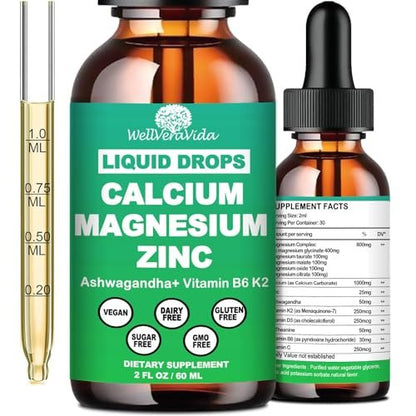 Calcium Magnesium Zinc Liquid Drops with Vitamin D3 K2, High Potency Calcium Magnesium Supplement w/Magnesium Complex, Zinc, Theanine丨Gluten Free丨 for Immune, Bone,Muscle, Mood & Sleep Support