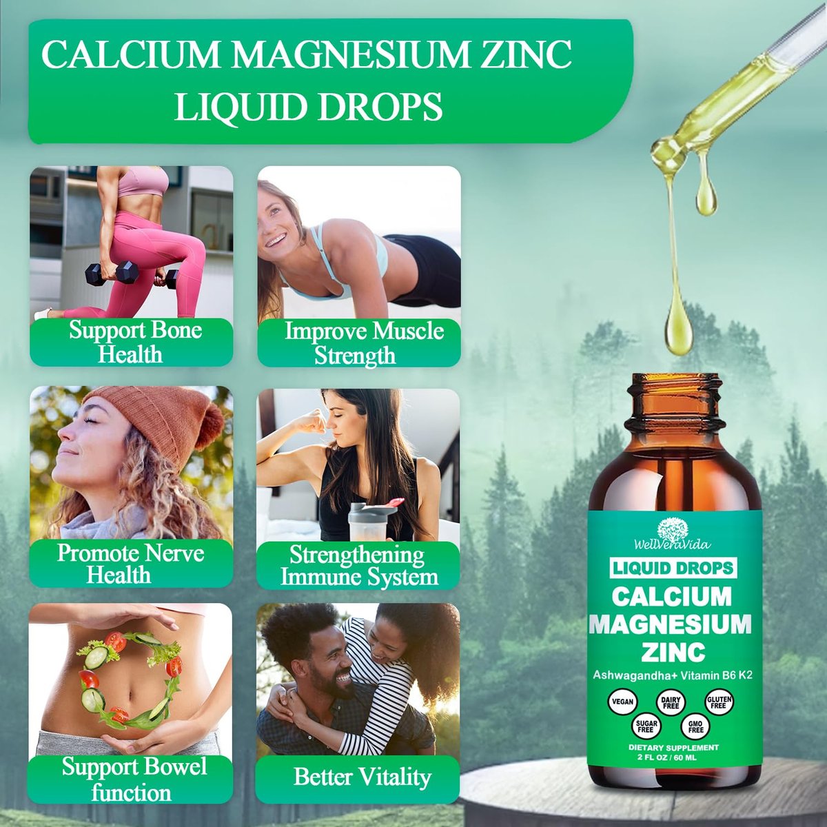 Calcium Magnesium Zinc Liquid Drops with Vitamin D3 K2, High Potency Calcium Magnesium Supplement w/Magnesium Complex, Zinc, Theanine丨Gluten Free丨 for Immune, Bone,Muscle, Mood & Sleep Support - görsel 5