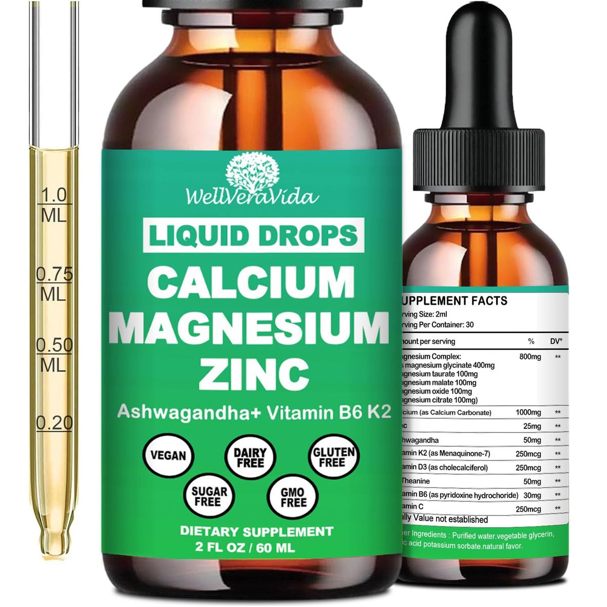 Calcium Magnesium Zinc Liquid Drops with Vitamin D3 K2, High Potency Calcium Magnesium Supplement w/Magnesium Complex, Zinc, Theanine丨Gluten Free丨 for Immune, Bone,Muscle, Mood & Sleep Support - görsel 1
