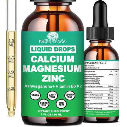 Calcium Magnesium Zinc Liquid Drops with Vitamin D3 K2, High Potency Calcium Magnesium Supplement w/Magnesium Complex, Zinc, Theanine丨Gluten Free丨 for Immune, Bone,Muscle, Mood & Sleep Support