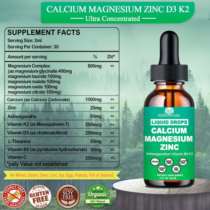 Calcium Magnesium Zinc Liquid Drops with Vitamin D3 K2, High Potency Calcium Magnesium Supplement w/Magnesium Complex, Zinc, Theanine丨Gluten Free丨 for Immune, Bone,Muscle, Mood & Sleep Support
