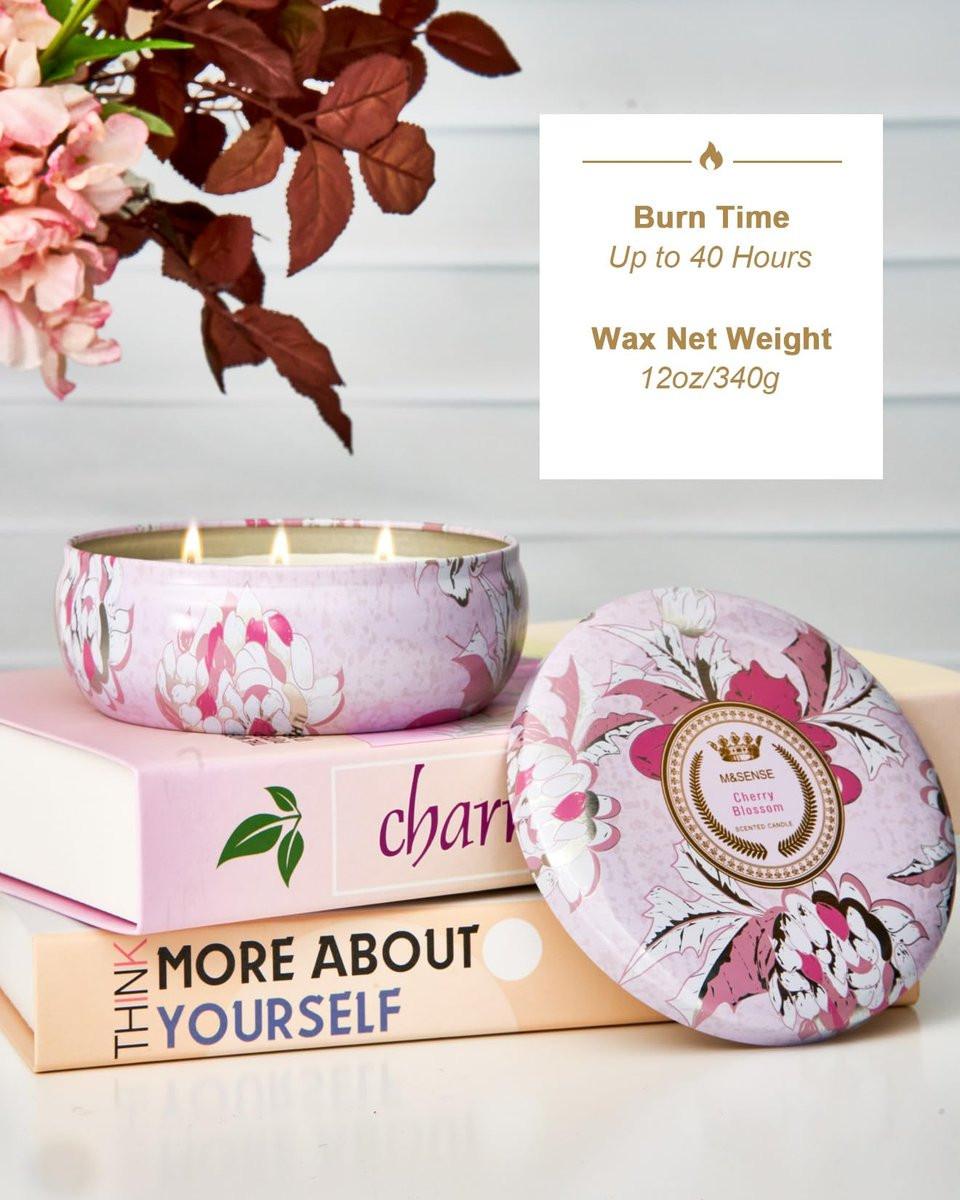 M&SENSE Cherry Blossom Scented Candles 12 oz, Large 3 Wick Soy Tin Candle, Over 40 Hour Burning Time, 100% Natural Vegan Wax, Relaxing Aromatherapy Aesthetic Candle Gift for Women and Men - görsel 7