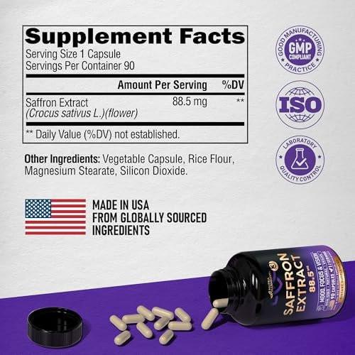 Natural Saffron Supplements - Pure Saffron Extract 88.5 mg - Mood | Focus | Vision | Energy Support - Eye Health for Women & Men - Lab Tested - NonGMO Vegan Pills - 90 Powder Capsules, 3 Month Supply - görsel 1